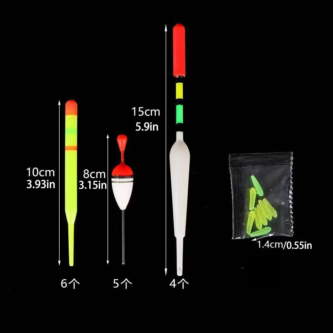 1 set (15Pcs) Fishing Floats Vertical Buoy Sea ith Rubbers Mix Size
