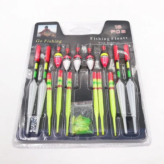 1 set (15Pcs) Fishing Floats Vertical Buoy Sea ith Rubbers Mix Size